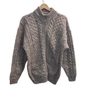 Carraig Donn Full Zip 100% Wool Fisherman Cardigan Sweater Size Medium Mock Neck